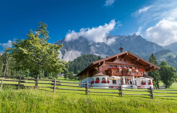 Trees, mountains, house, the fence, Austria, Alps, lawn, Austria