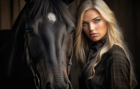 Girl, face, the dark background, rendering, horse, horse, portrait, art
