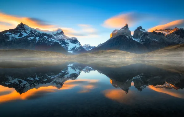 Reflection, lake, haze, Chile, South America, Patagonia, the Andes mountains
