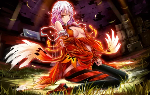 Grass, look, girl, the building, art, sitting, guilty crown, inori yuzuriha