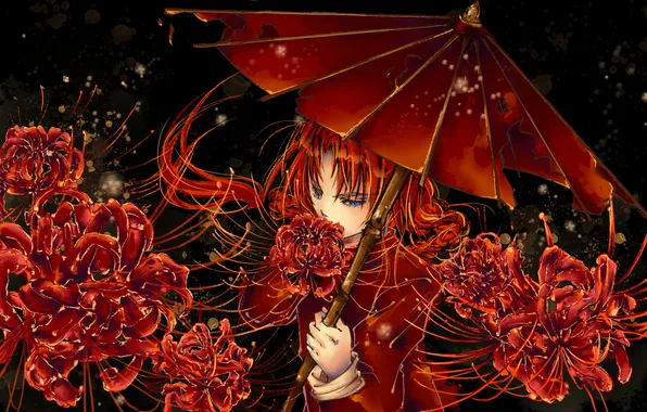 Picture flowers, umbrella, anime, art, guy, gintama, kamui, jellyfishome