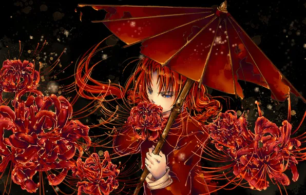 Flowers, umbrella, anime, art, guy, gintama, kamui, jellyfishome