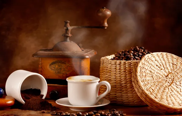 Picture coffee, cream, coffee beans, aroma, foam, coffee grinder