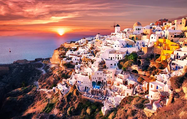 Sea, sunset, mountains, home, Greece, Oia Santorini