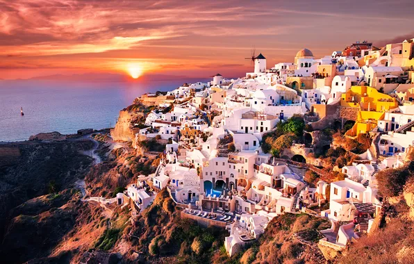Picture sea, sunset, mountain, home, Greece, Oia Santorini