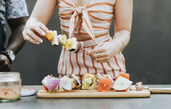 Girl, ring, hands, vegetables, kebab