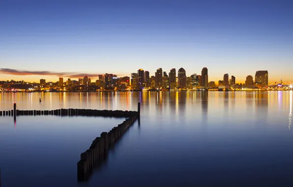 Sea, posts, the evening, CA, sea, California, San Diego, evening