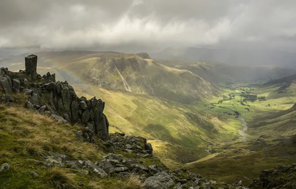 Picture rainbow, clouds, mountains, vegetation, nature, the sky, stones