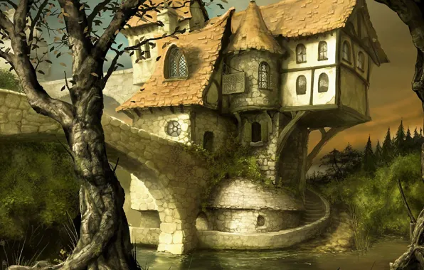Picture castle, graphics, fairy house, fantasy worlds, light brown background