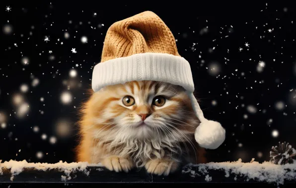 Winter, cat, snow, kitty, red, Christmas, New year, black background