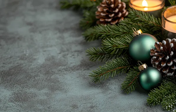 Balls, branches, candles, green, Christmas, New year, grey background, needles