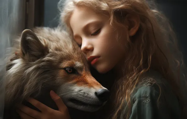 Portrait, hugs, Fox, girl, friends, closed eyes, hugs, Rus
