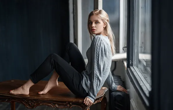 Look, girl, pose, window, pants, sweater, on the table, Yuri Demidov