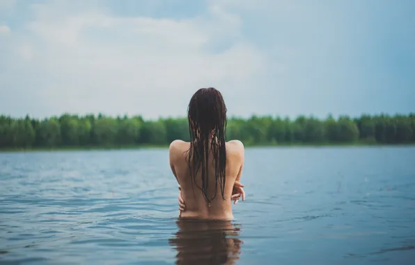 Water, girl, nature, model, hair, back, wet, shoulders