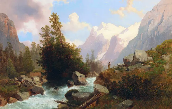 Mountains, Trees, People, Stream, Picture, Fisherman, Austrian artist, Josef Thoma