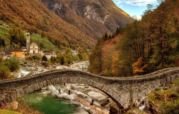 Autumn, mountains, bridge, river, Switzerland, Alps, town, Switzerland