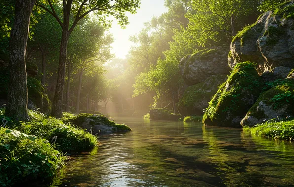 Grass, trees, river, stones, shore, grass, river, trees