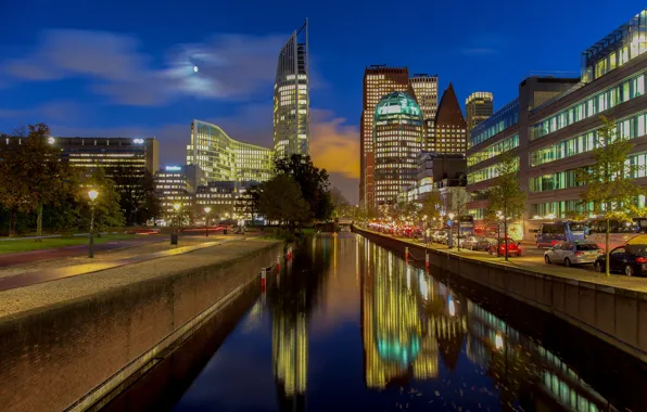 Lights, the evening, channel, Netherlands, promenade, The Hague