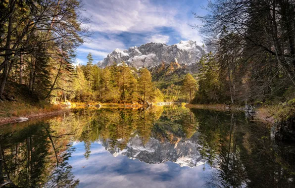 Autumn, forest, trees, mountains, lake, reflection, Germany, Bayern