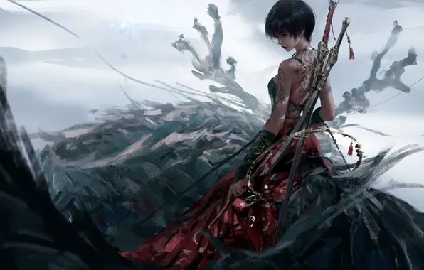 Girl, weapons, tattoo, fantasy, wlop