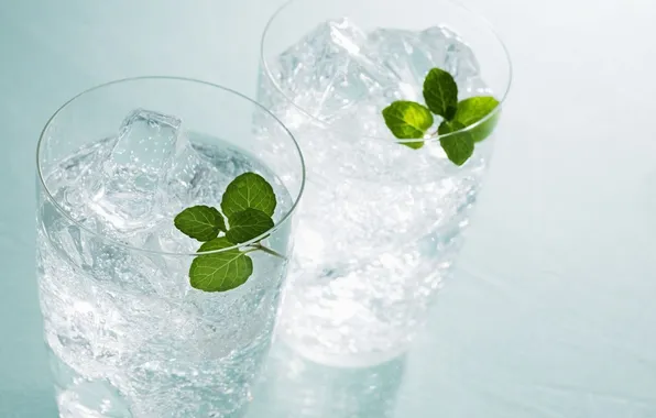 Picture glass, ice, water, cold, mint, mineral water