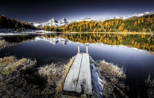 Picture frost, autumn, mountains, bridge, lake