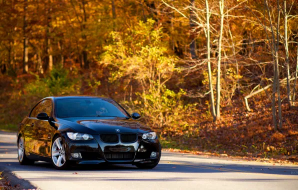 Road, Autumn, BMW, Leaves, Tuning, Black, BMW, E92