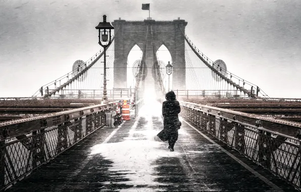 Picture girl, bridge, Blizzard, Brooklyn Freeze