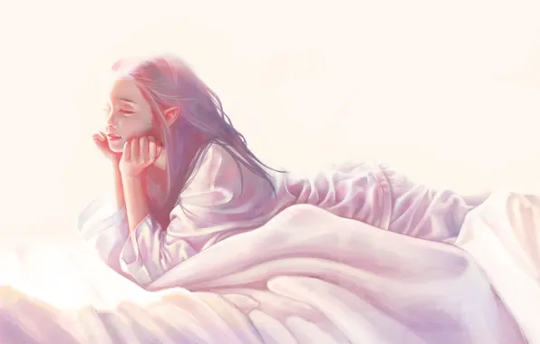 Light, elf, bed, Girl, lies, pajamas, ears, closed eyes