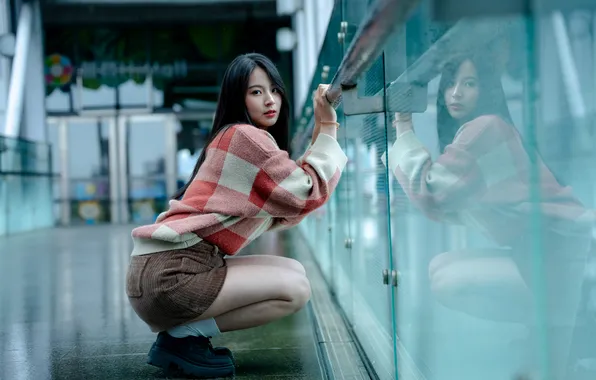 Wallpaper pose, glass, reflection, skirt, girl, sweater, Asian