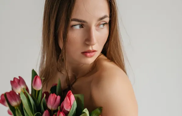 Girl, flowers, portrait, tulips, Elena Ryakina