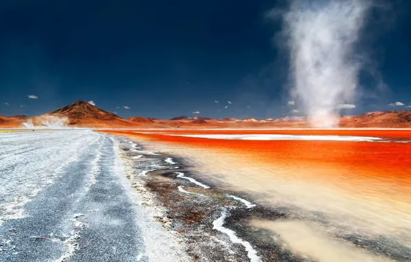 Picture mountains, lake, paint, couples, geyser, Bolivia, Laguna Colorada