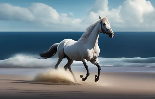 Water, Sand, Sea, Horse, White, Running, Horse, Art