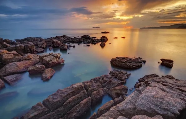 Sea, the sky, clouds, stones, rocks, shore