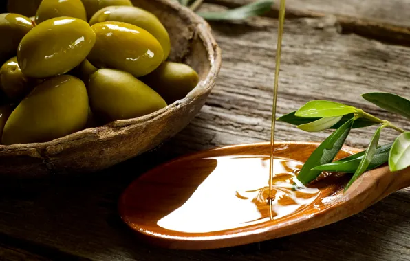 Leaves, branches, table, oil, olives, bowl, the spatula