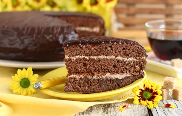 Flowers, tea, cake, chocolate