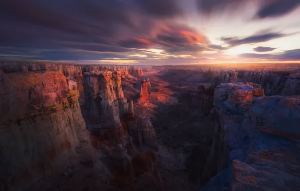 Clouds, light, rocks, morning, canyon