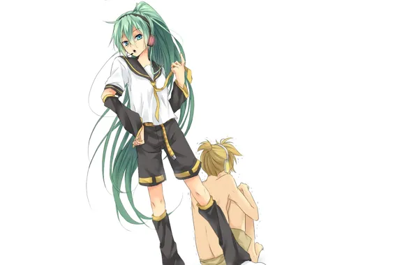 Girl, headphones, costume, tie, guy, vocaloid, Hatsune Miku, ponytail