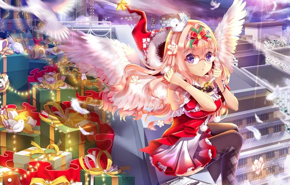 Girl, the city, bird, hat, new year, wings, art, glasses