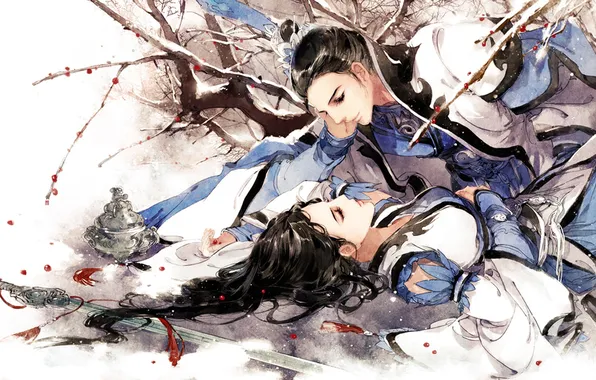Picture snow, berries, Girl, sword, sleeping, guy, art, Ibuki Satsuki