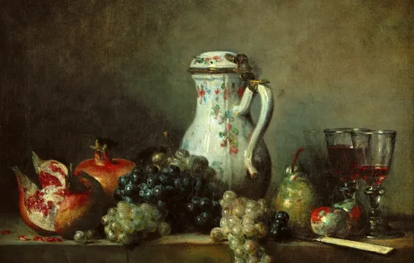 Wine, food, picture, glasses, grapes, pear, pitcher, still life