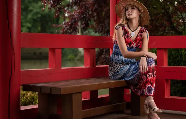Girl, Park, portrait, hat, dress, blonde, sitting, gazebo