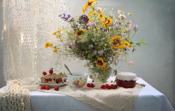 Cherry, bouquet, pie, still life, wildflowers, jam