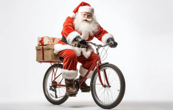 Bike, Christmas, gifts, white background, New year, Santa Claus, Santa Claus, AI art