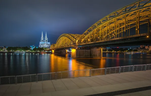 Bridge, lights, the evening, Germany, backlight, promenade, Cologne