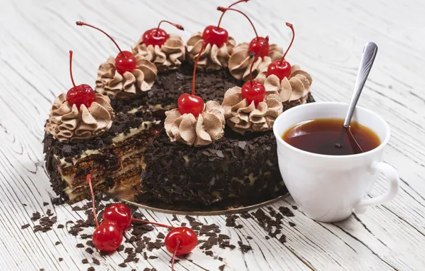 Picture cake, cherries on the cake, tea, berries, cherry