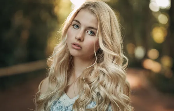 Picture long hair, blue eyes, women, bokeh, face, blonde, Martin Kühn, parted lips