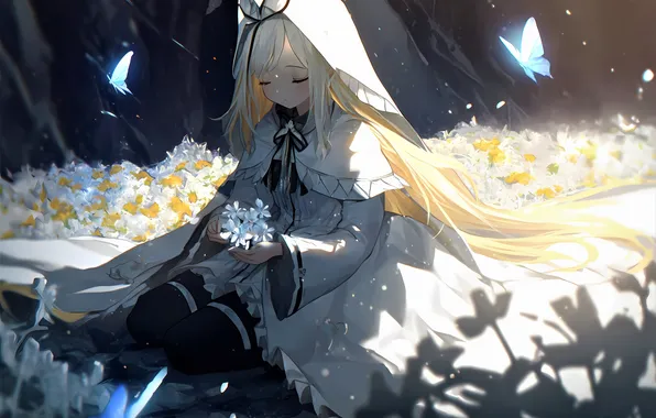 Butterfly, hood, priestess, flower field, a bunch, closed eyes, the Cape, sitting on my lap