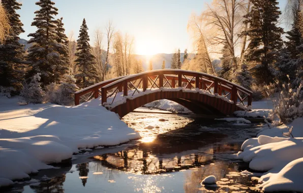 Winter, forest, the sun, snow, trees, bridge, nature, shore