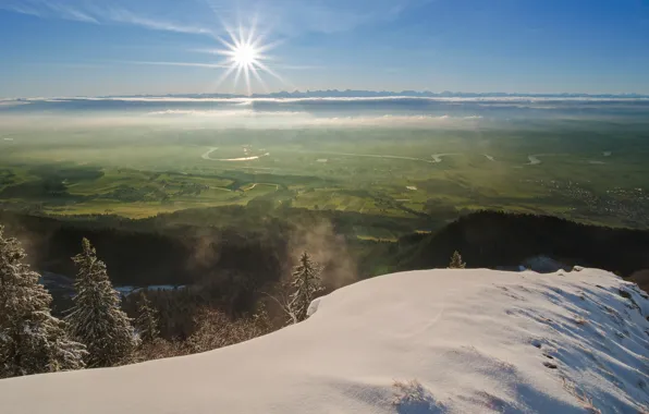 Winter, forest, the sky, the sun, clouds, rays, light, snow